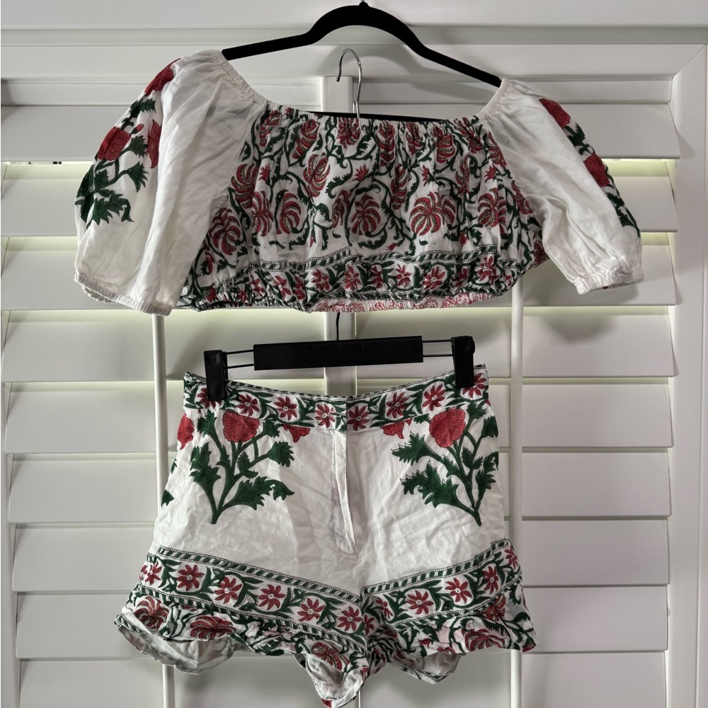 Juliet Dunn White High-Waist Embroidered Shorts with Red & Green Floral - Picture 2 of 11